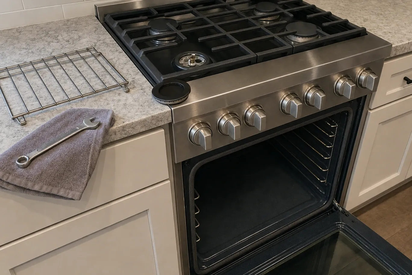 Cast-iron cooktop from above with one burner cap lifted off the burner head and the oven door open below