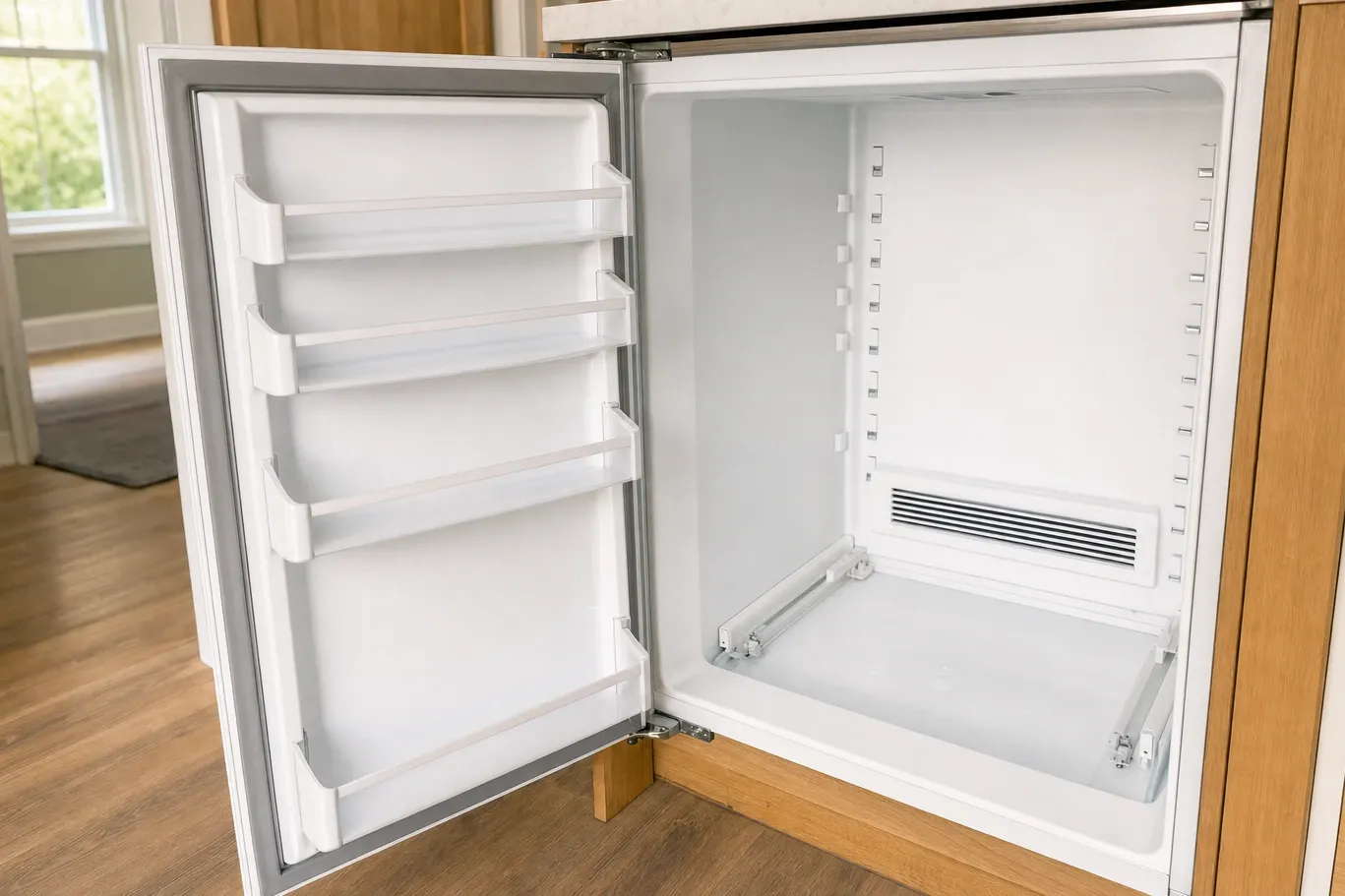 Undercounter refrigerator built into oak cabinetry, door open on empty bins, shelf supports and drawer runners